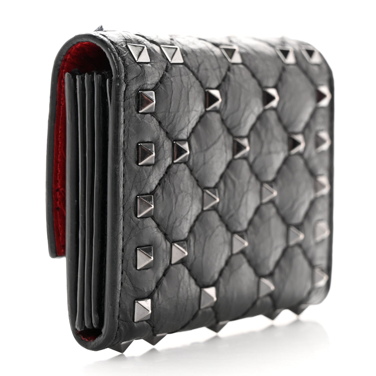 Craquele Nappa Rockstud Spike Bi-Fold Card Holder Black