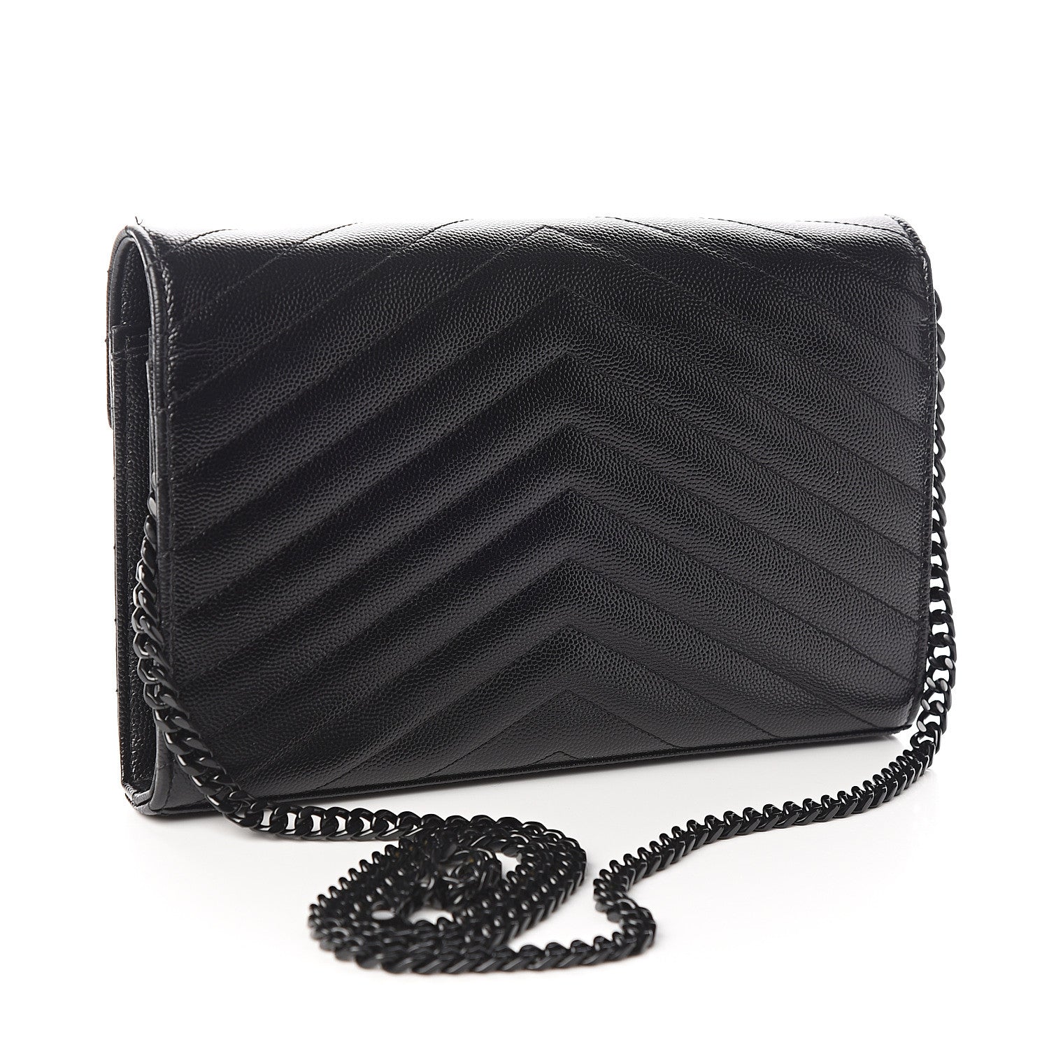 Saint Laurent Grain De Poudre Matelasse Chevron Monogram Chain Wallet Black 2 of 10