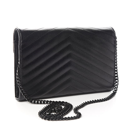 Saint Laurent Grain De Poudre Matelasse Chevron Monogram Chain Wallet Black 2 of 10