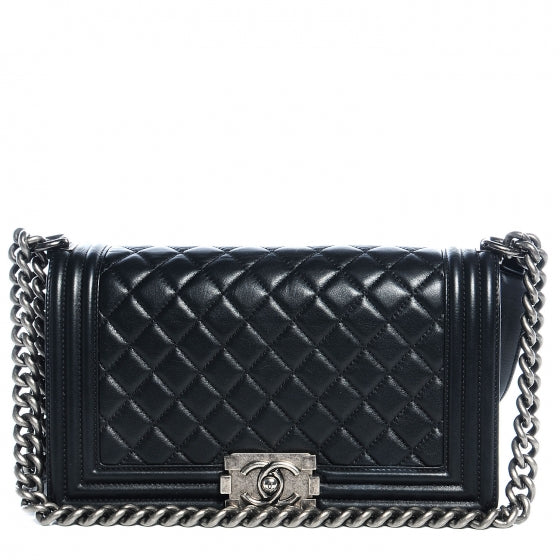 Metallic Calfskin Quilted Medium Boy Flap Black