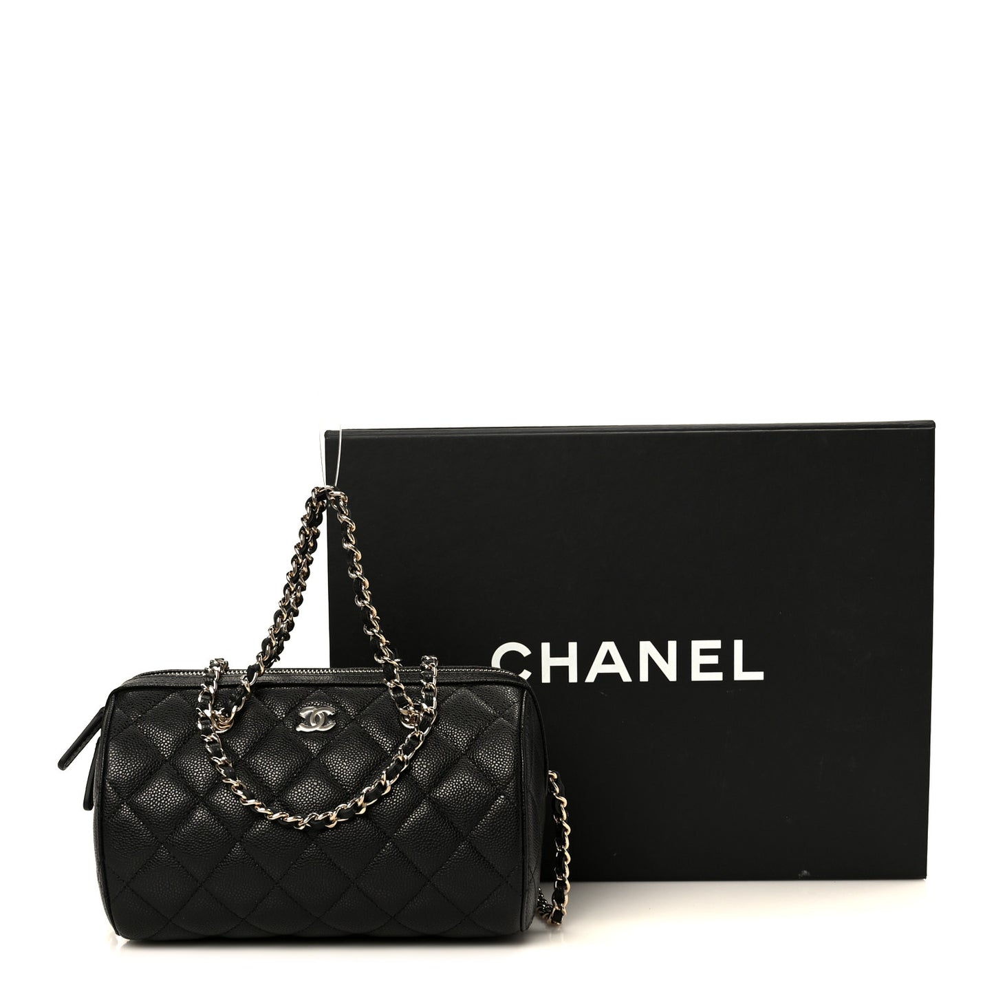 Caviar Quilted Barrel Clutch With Chain Black