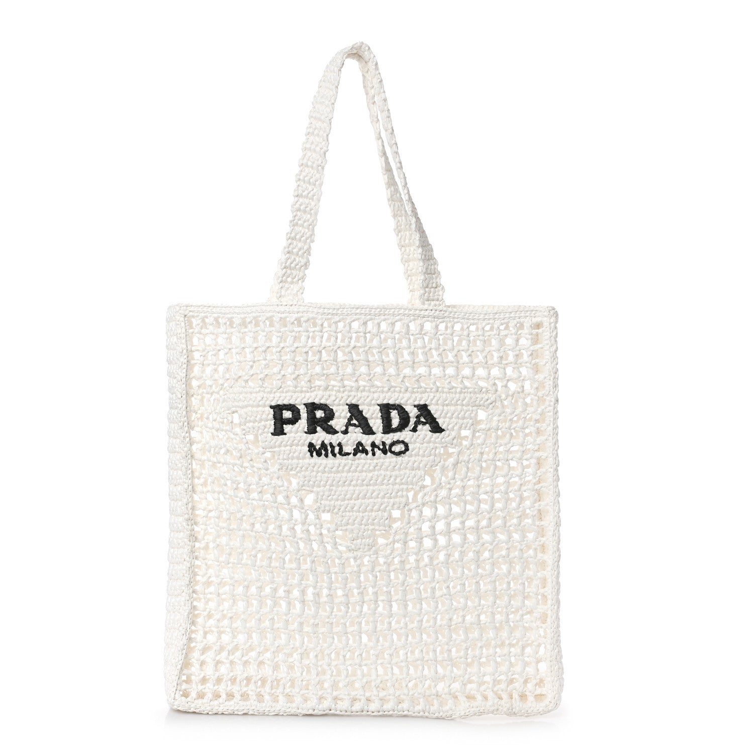 Prada Yarn Raffia Effect Crochet Logo Embroidered Tote Bag White 1 of 8