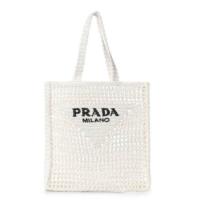 Prada Yarn Raffia Effect Crochet Logo Embroidered Tote Bag White 1 of 8