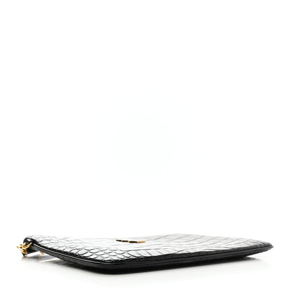 Saint Laurent Calfskin Crocodile Embossed Tablet Pouch Black 4 of 8