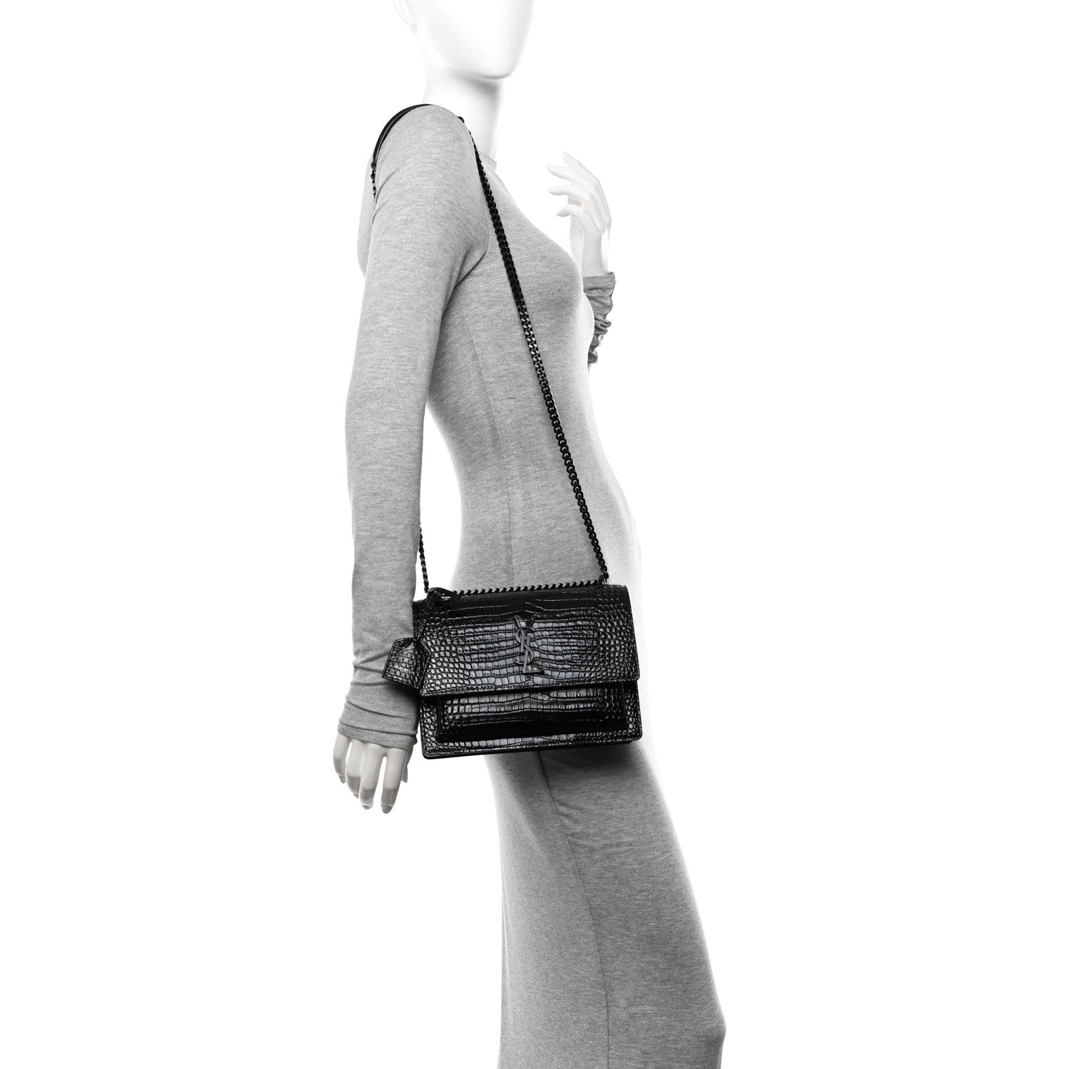 Saint Laurent Calfskin Crocodile Embossed Medium Monochrome Monogram Sunset Black 2 of 9