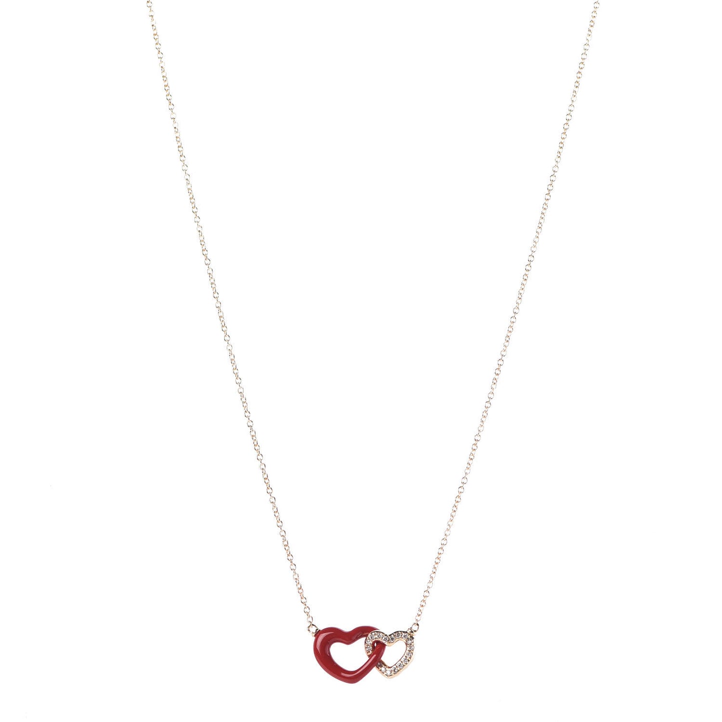 18K Yellow Gold Diamond Enamel Cable Double Heart Pendant Necklace Red