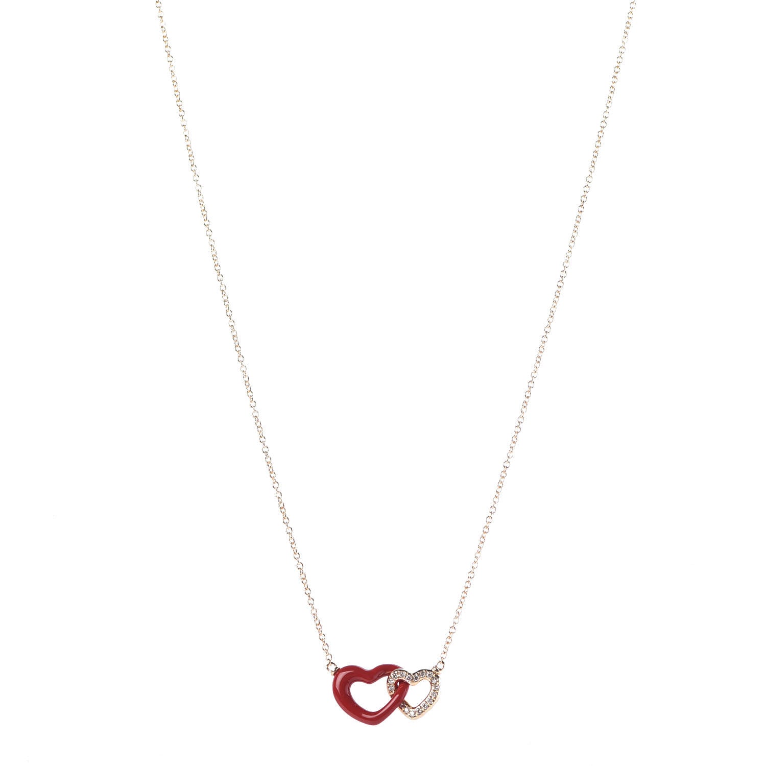 David Yurman 18K Yellow Gold Diamond Enamel Cable Double Heart Pendant Necklace Red 1 of 7