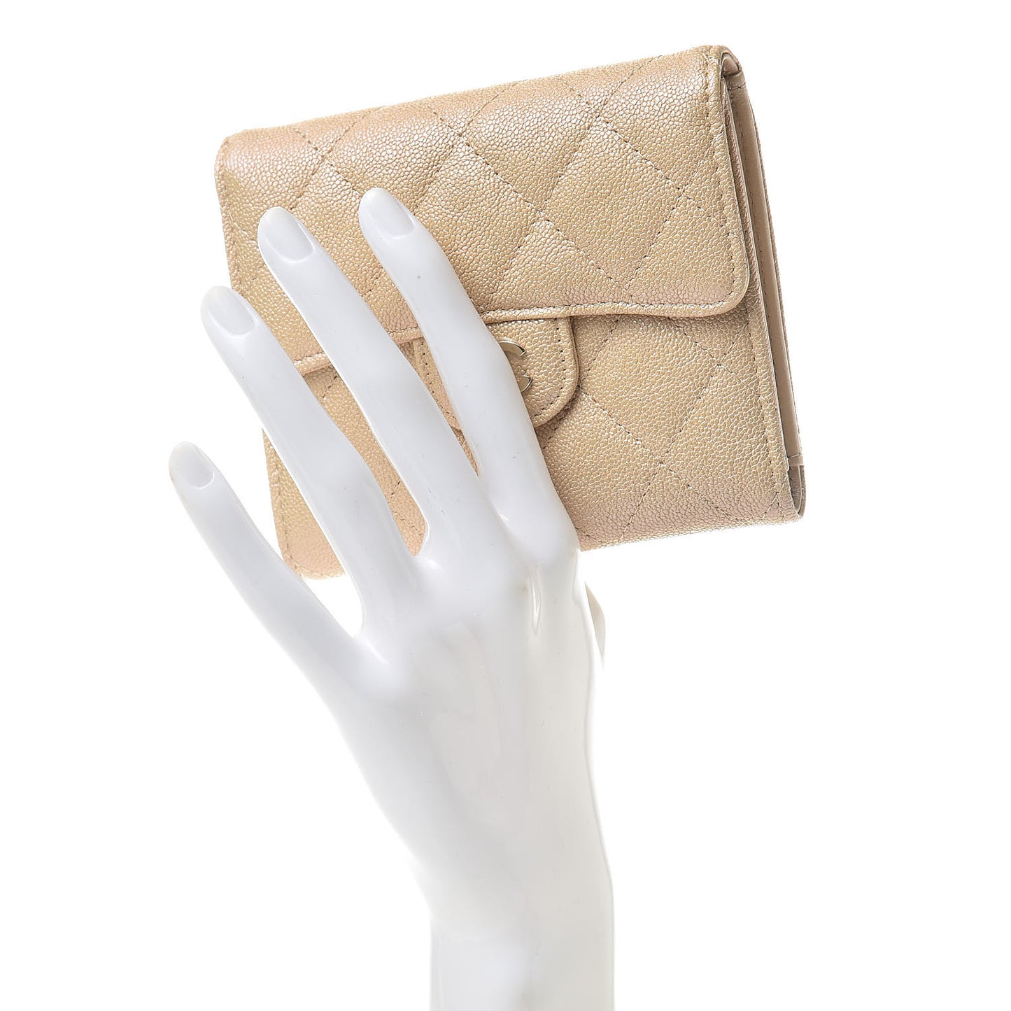Iridescent Caviar Quilted Compact Flap Wallet Beige