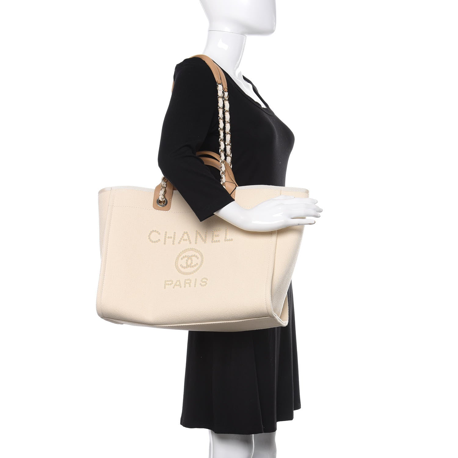 Chanel Canvas Pearl Medium Deauville Tote Ecru Beige 2 of 11