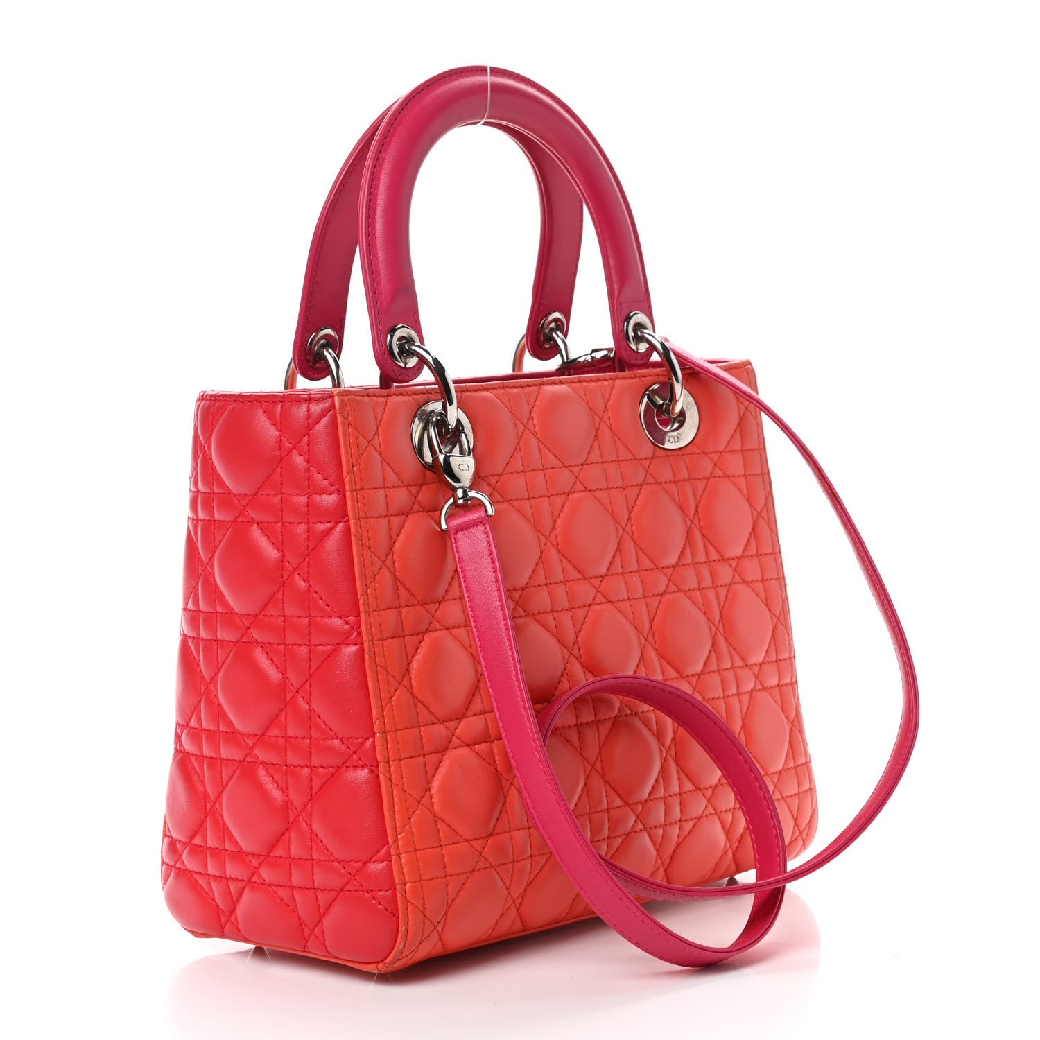 Christian Dior Lambskin Cannage Medium Bi-Color Lady Dior Orange Fuchsia 3 of 15