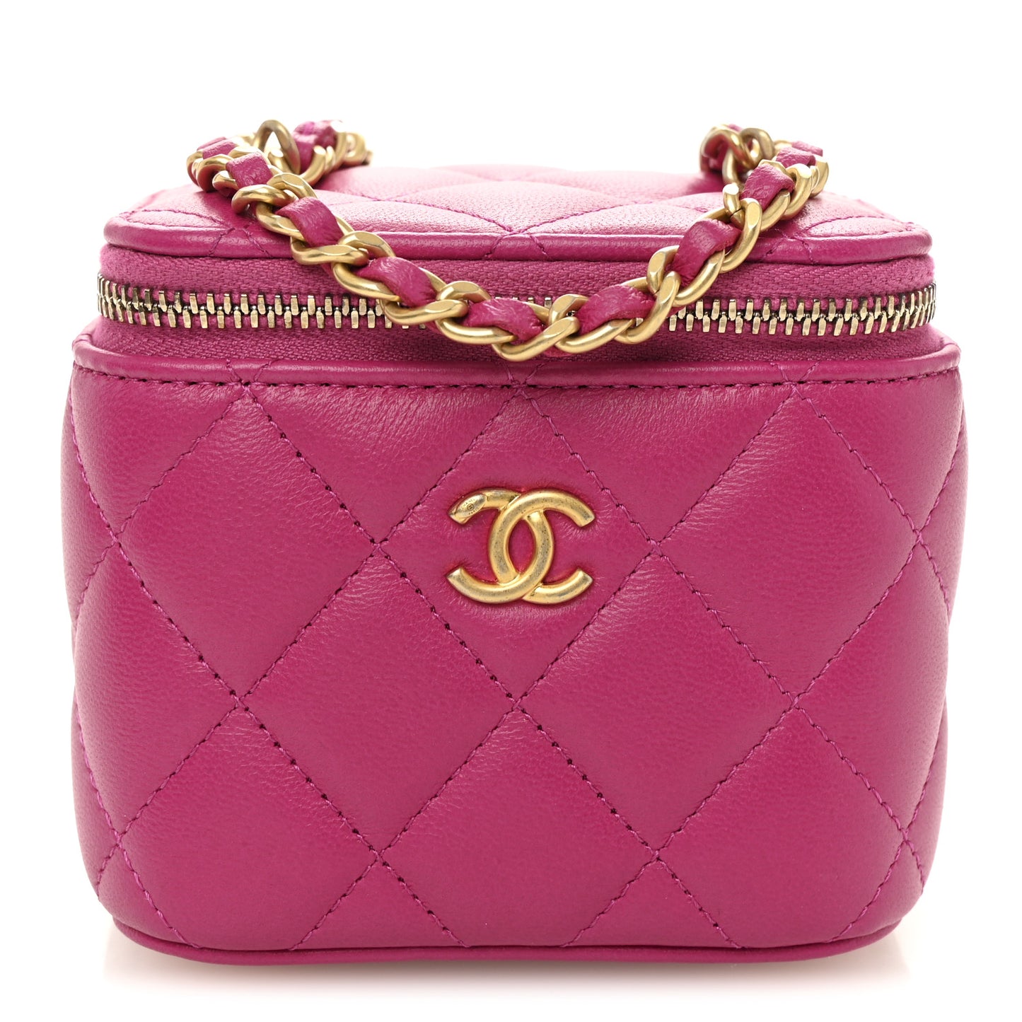 Lambskin Quilted Pearl Crush Mini Vanity Case With Chain Pink