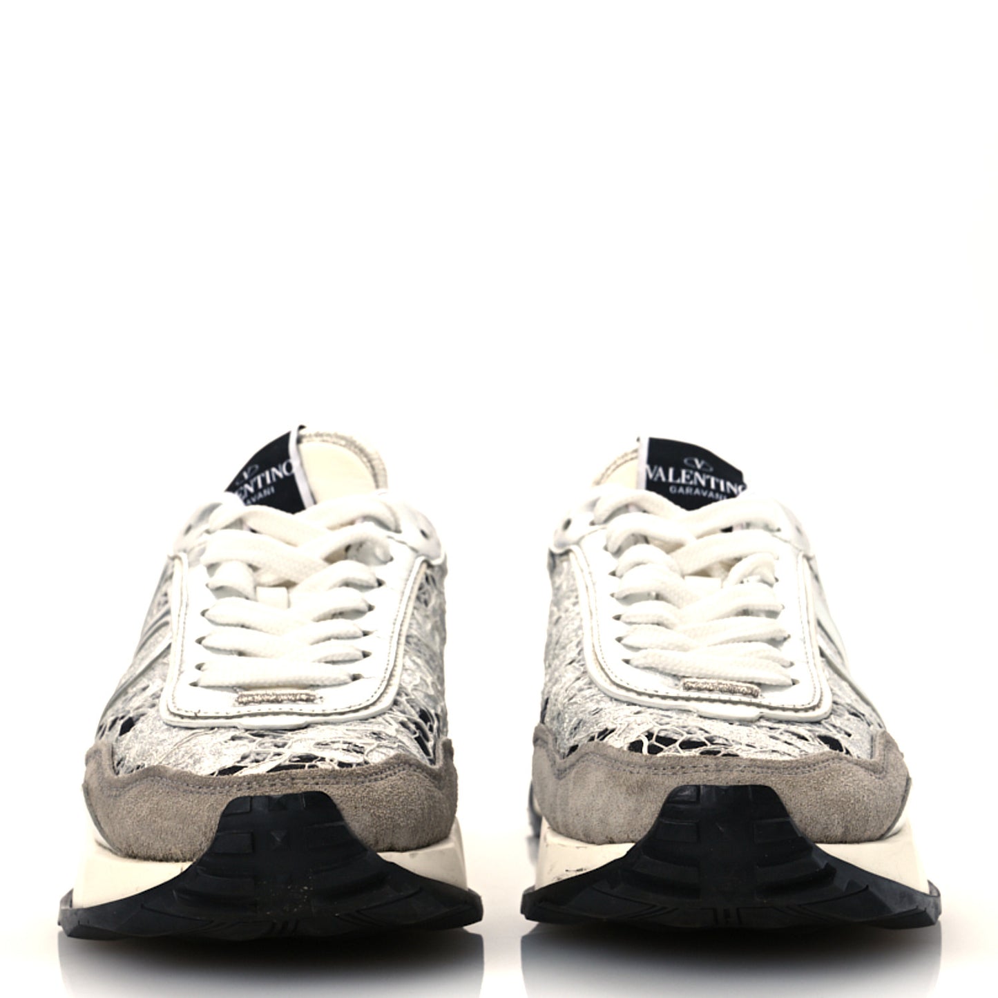 Metallic Calfskin Lace Mesh Lacerunner Sneaker 37.5 Silver Pastel Gray