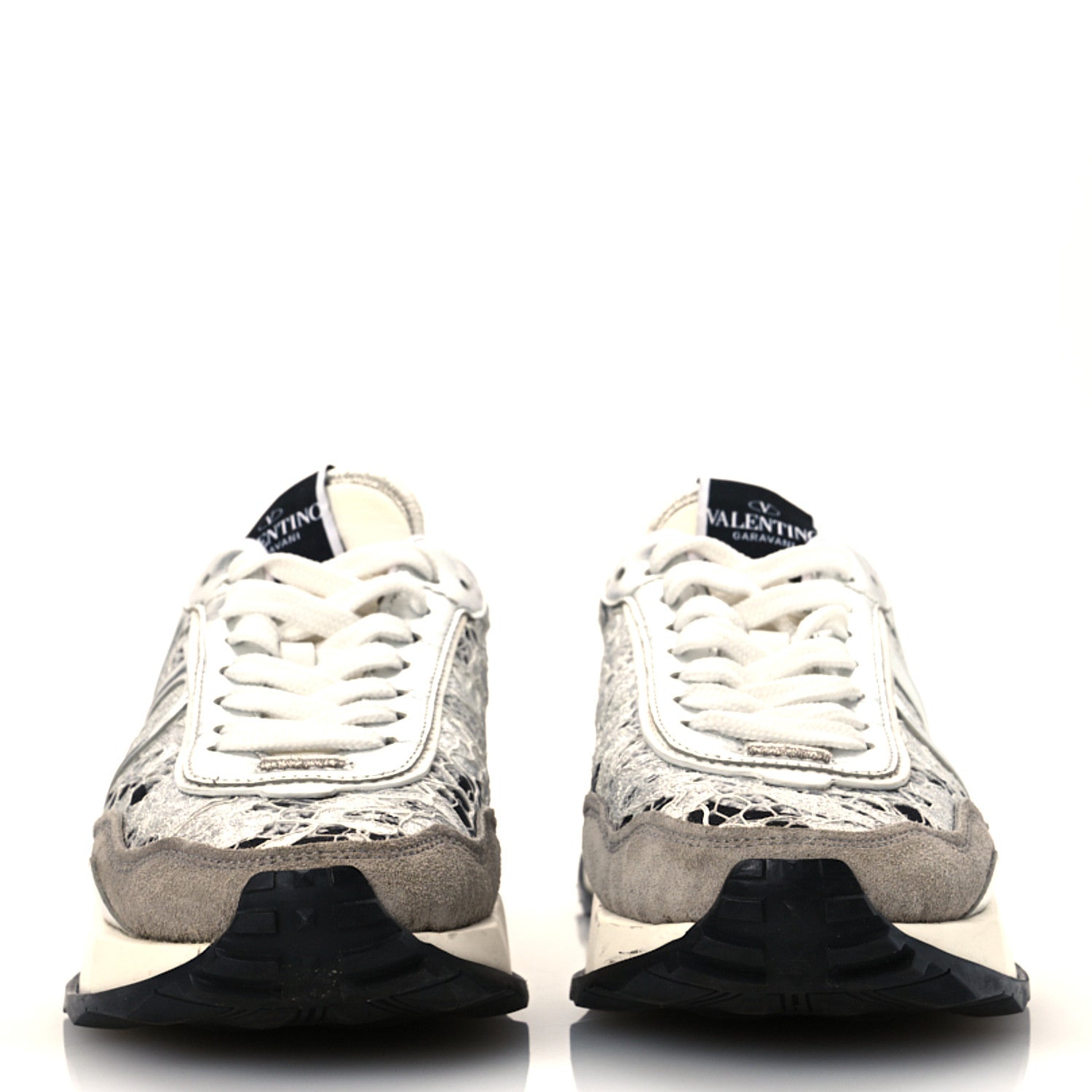 Valentino Garavani Metallic Calfskin Lace Mesh Lacerunner Sneaker 37.5 Silver Pastel Gray 3 of 15