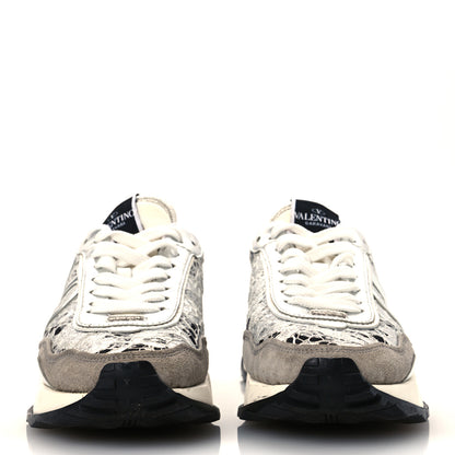 Valentino Garavani Metallic Calfskin Lace Mesh Lacerunner Sneaker 37.5 Silver Pastel Gray 3 of 15