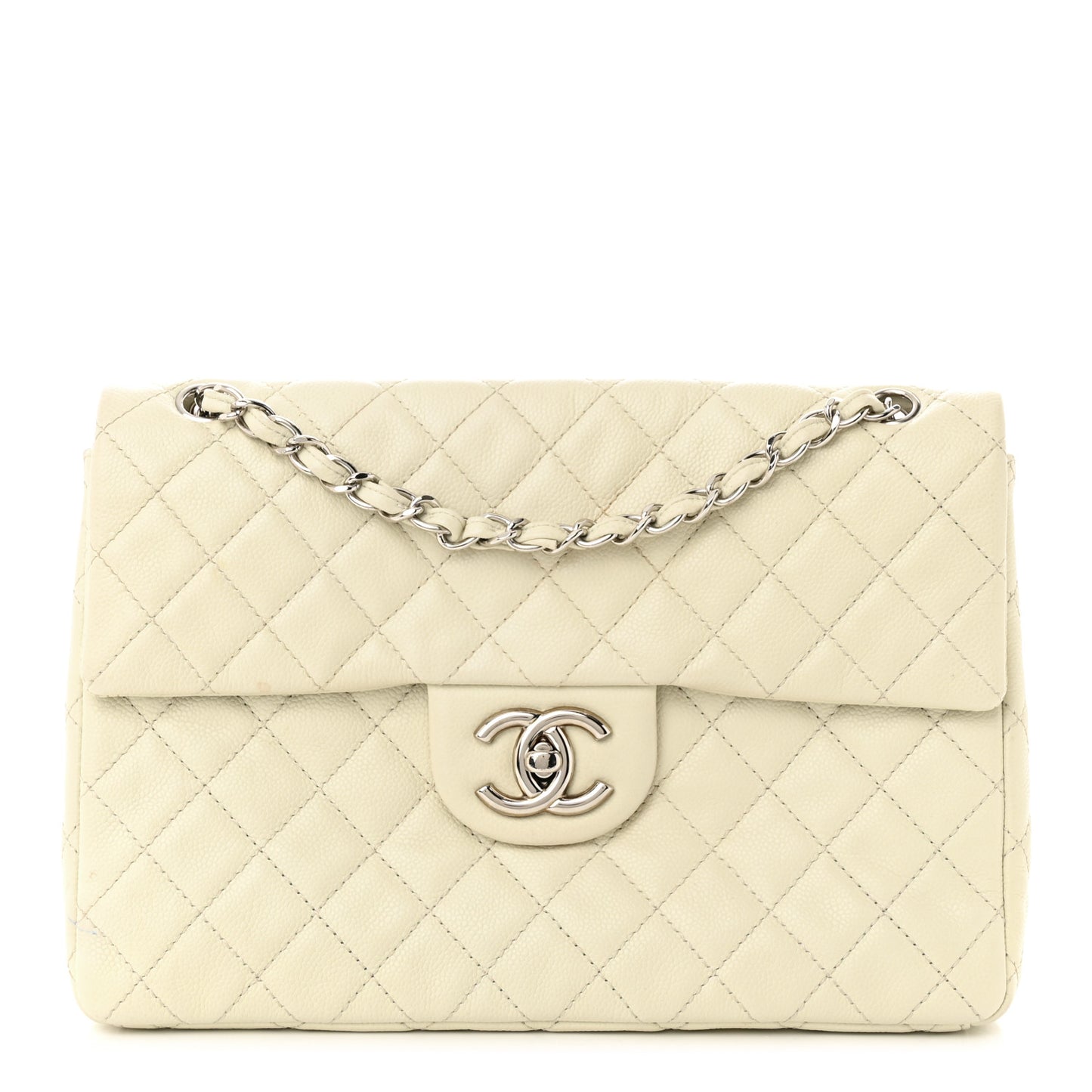 Washed Caviar Quilted Maxi Single Flap White