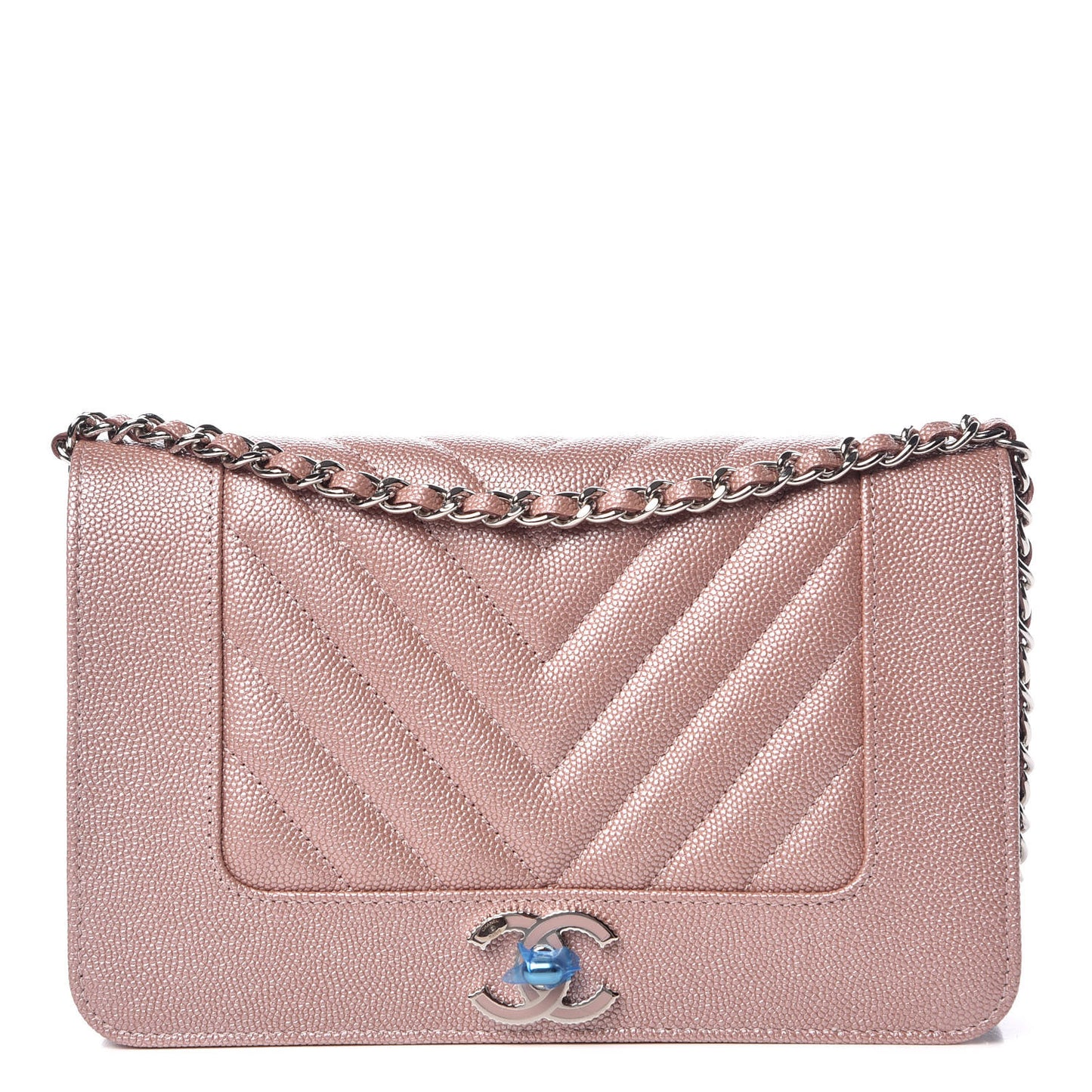 Metallic Caviar Chevron Quilted Vintage Mademoiselle Wallet On Chain WOC Pink