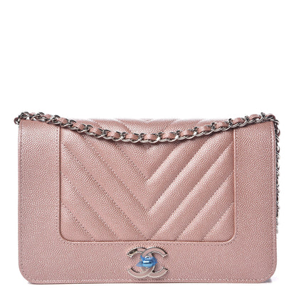 Chanel Metallic Caviar Chevron Quilted Vintage Mademoiselle Wallet On Chain WOC Pink 1 of 11