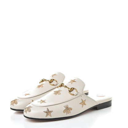 Gucci Goatskin Bee Star Embroidered Womens Princetown Slippers 34 Mystic White 3 of 10