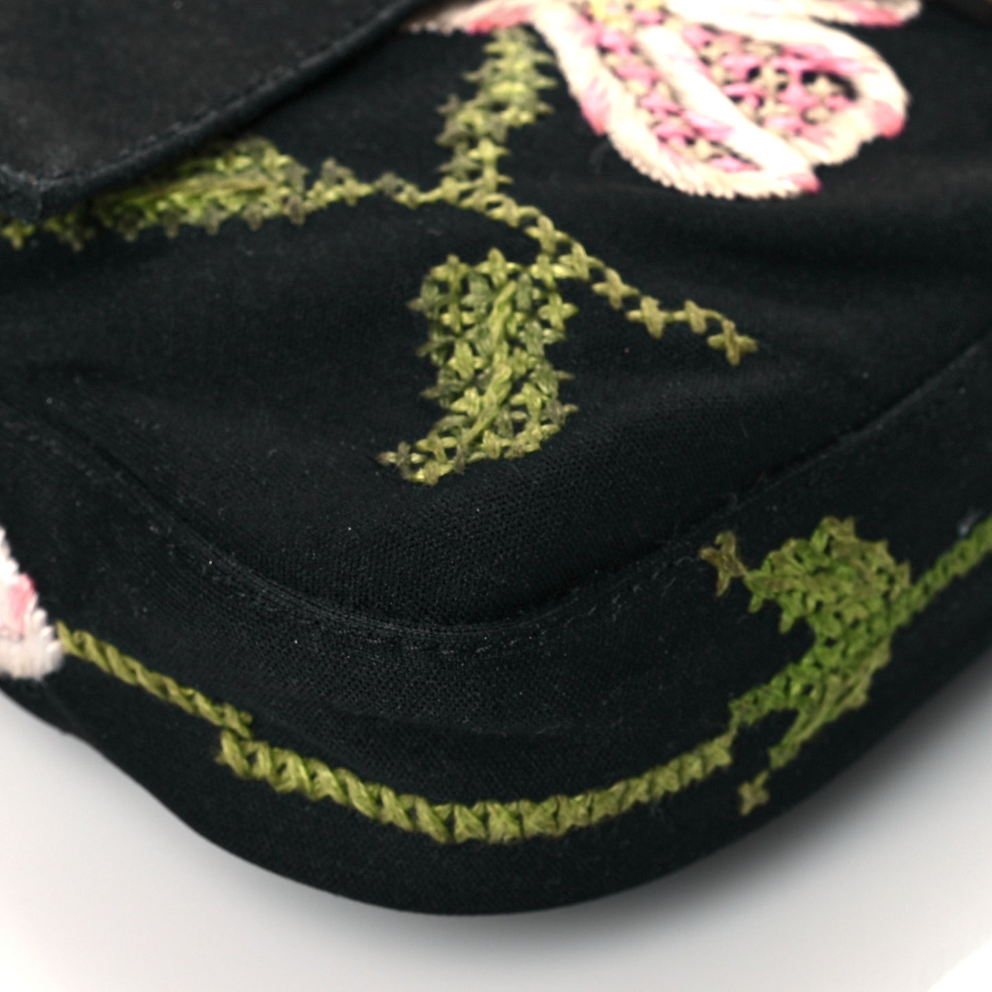 Canvas Lizard Embroidered Flower Baguette Black Multicolor
