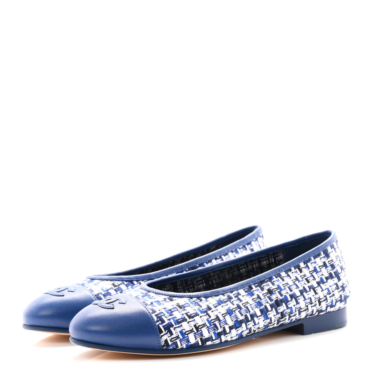 Chanel Tweed Lambskin CC Cap Toe Ballerina Flats 37.5 White Blue 4 of 9