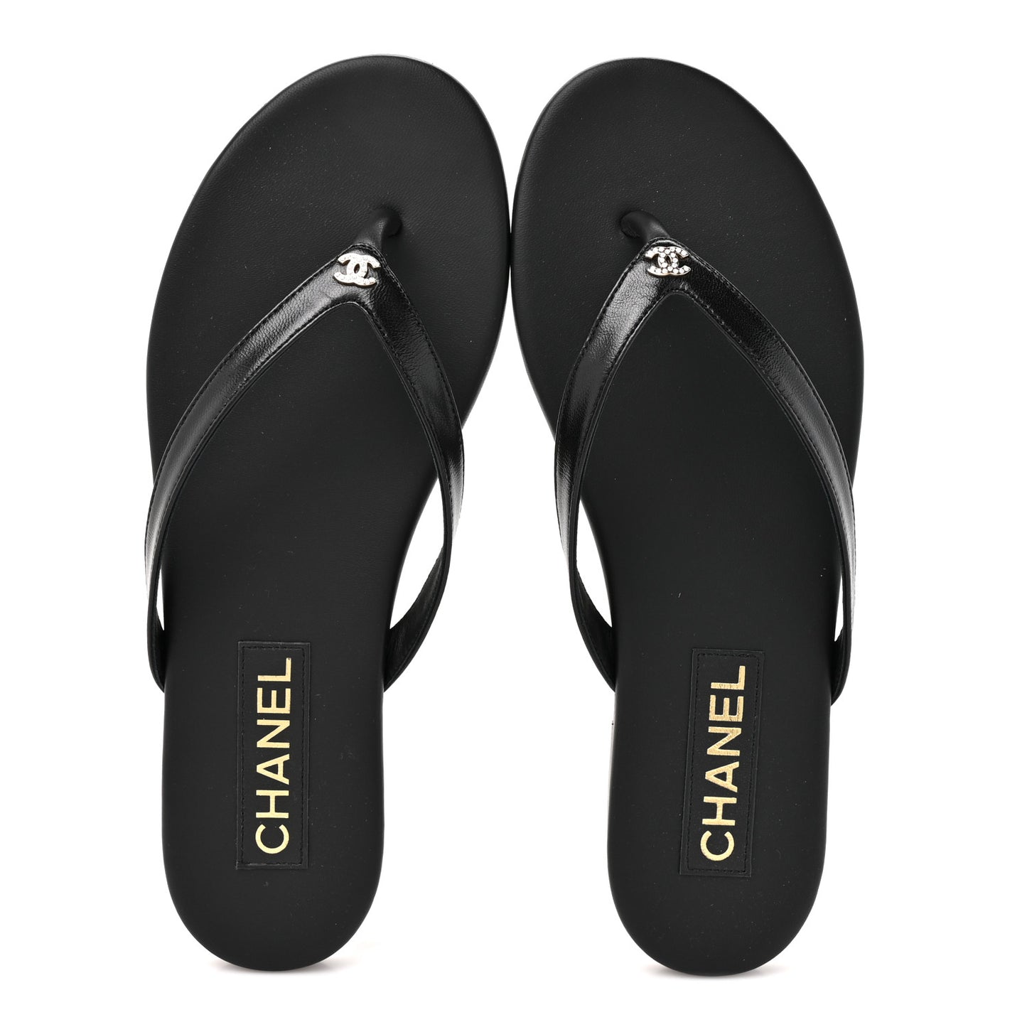 Shiny Lambskin Crystal CC Thong Sandals 39.5 Black