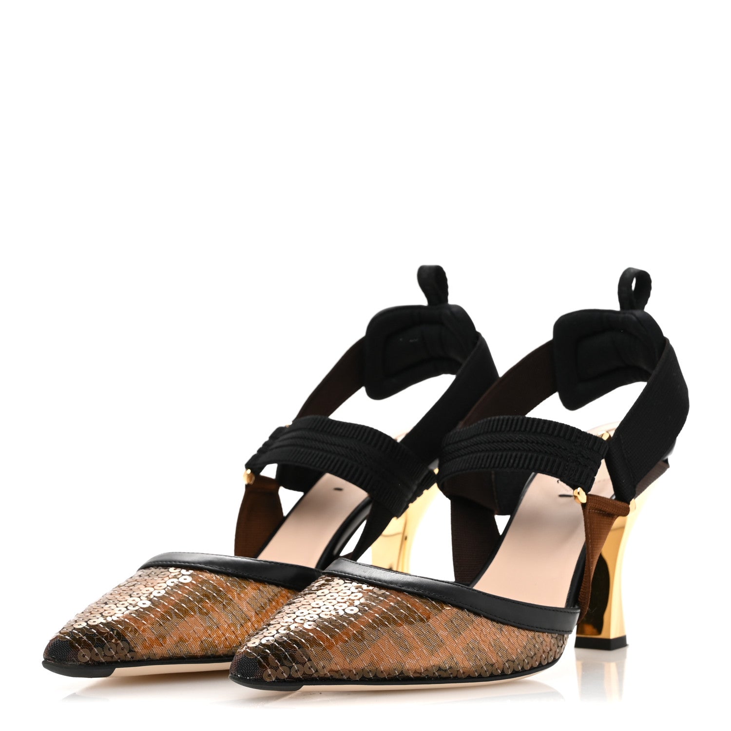 Fendi Sequin Paillettes FF Colibri 85mm Slingback Pumps 39.5 Black Ambra 4 of 8