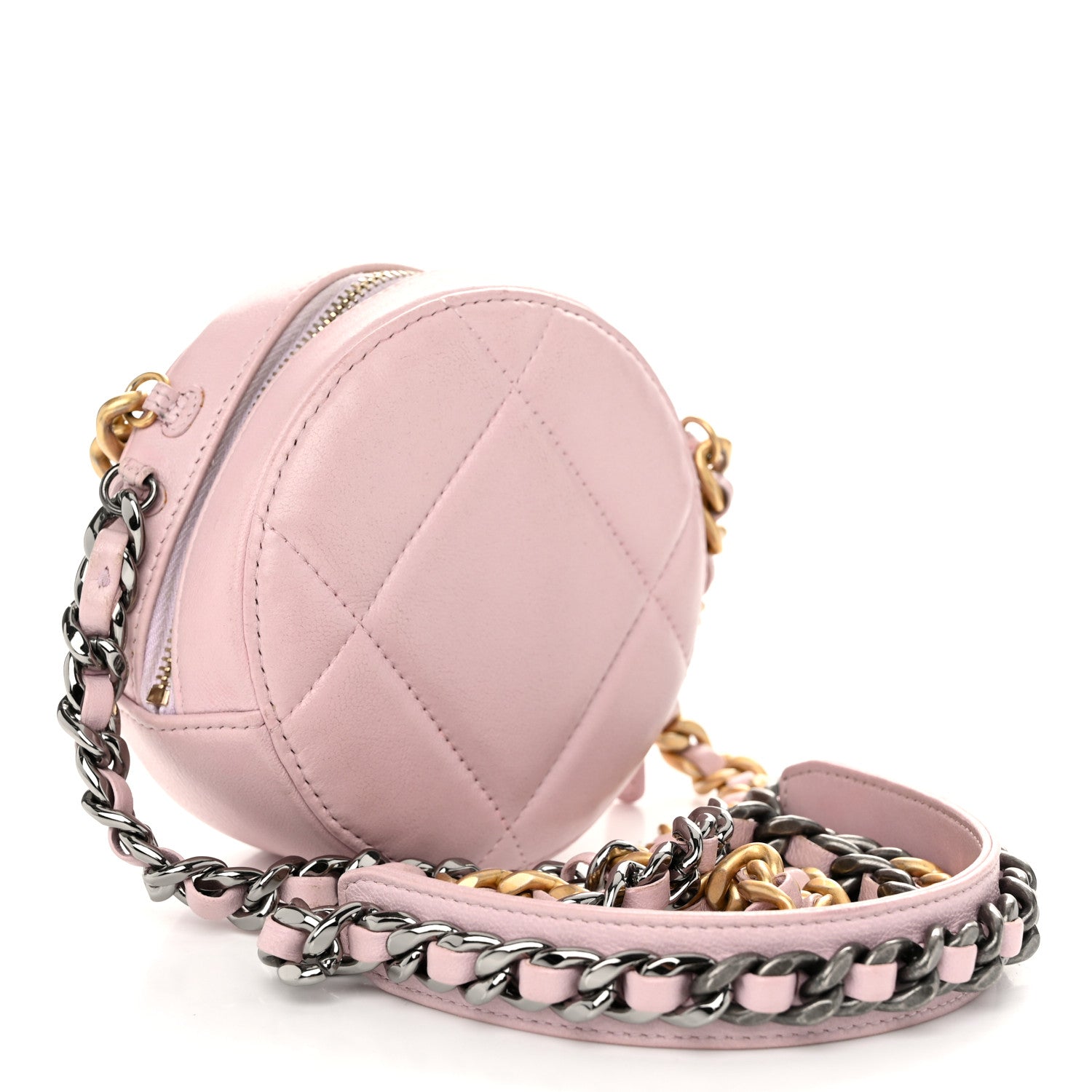 Chanel Lambskin Quilted Chanel 19 Round Clutch With Chain Pink 3 of 11
