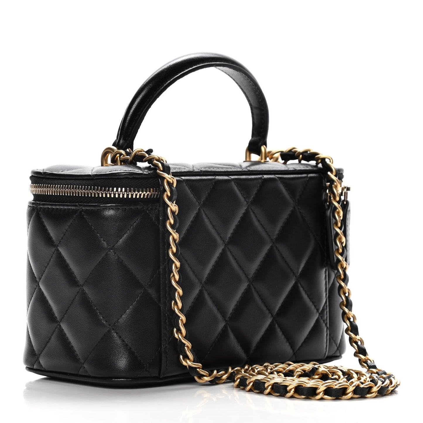 Lambskin Quilted Small Top Handle Vanity Case With Chain Black