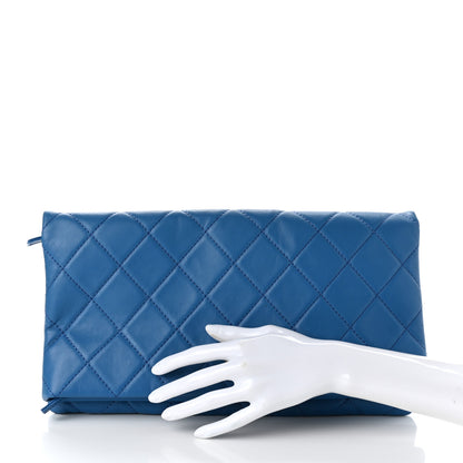 Chanel Lambskin Quilted Fold Over Clutch Blue 2 of 7