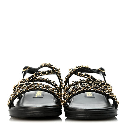 Chanel Lambskin Metal Chain Ankle Strap Sandals 36.5 Black 3 of 12