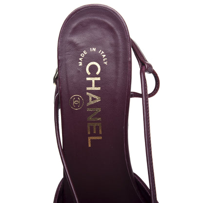 Chanel Lambskin Satin Slingback Cap Toe Bow Pumps 37 Burgundy Black 8 of 10