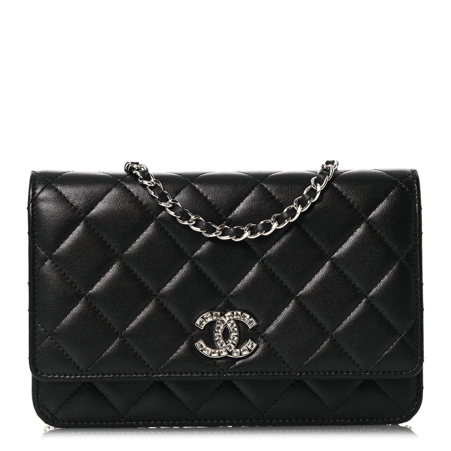 Lambskin Quilted Crystal CC Wallet On Chain WOC Black