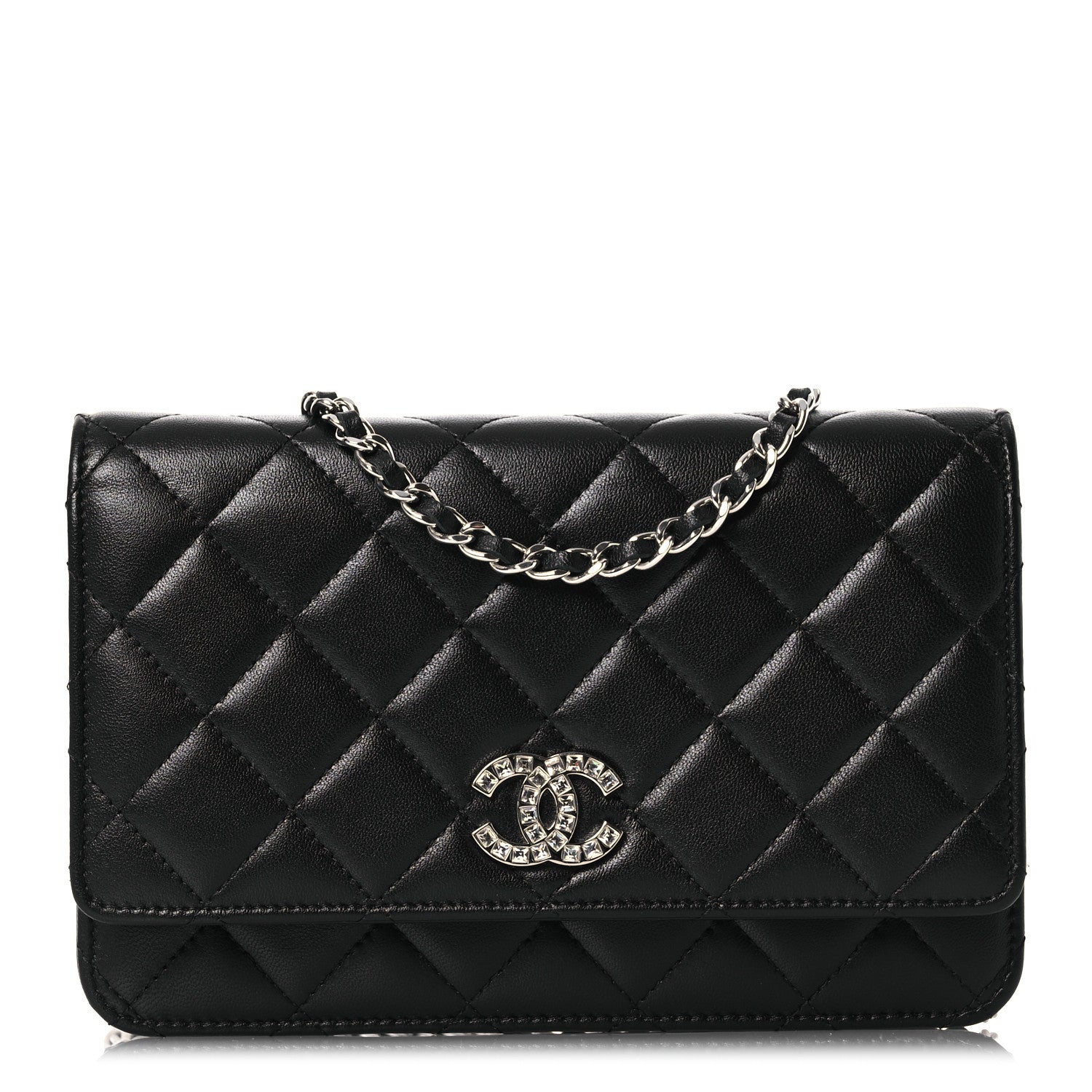 Chanel Lambskin Quilted Crystal CC Wallet On Chain WOC Black 1 of 15