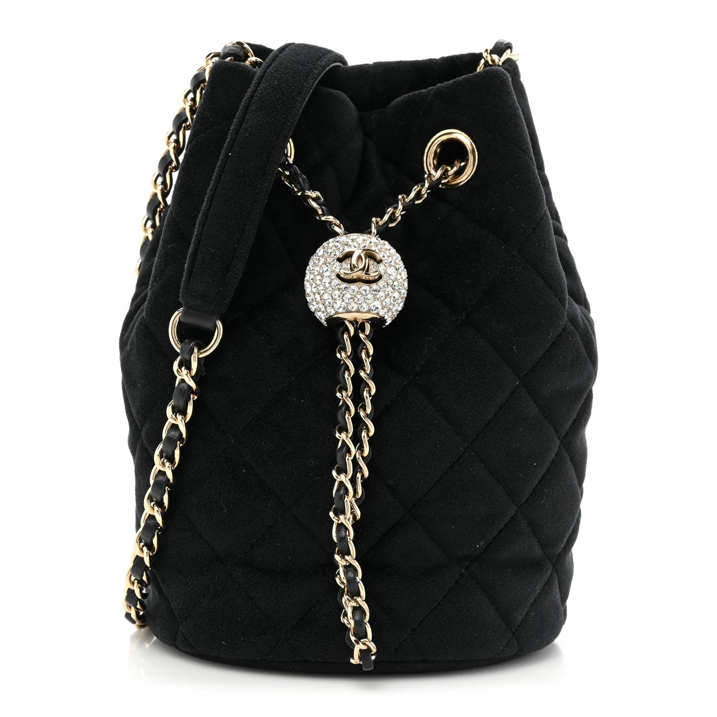 Velvet Quilted Pearl Crush Drawstring Bag Black
