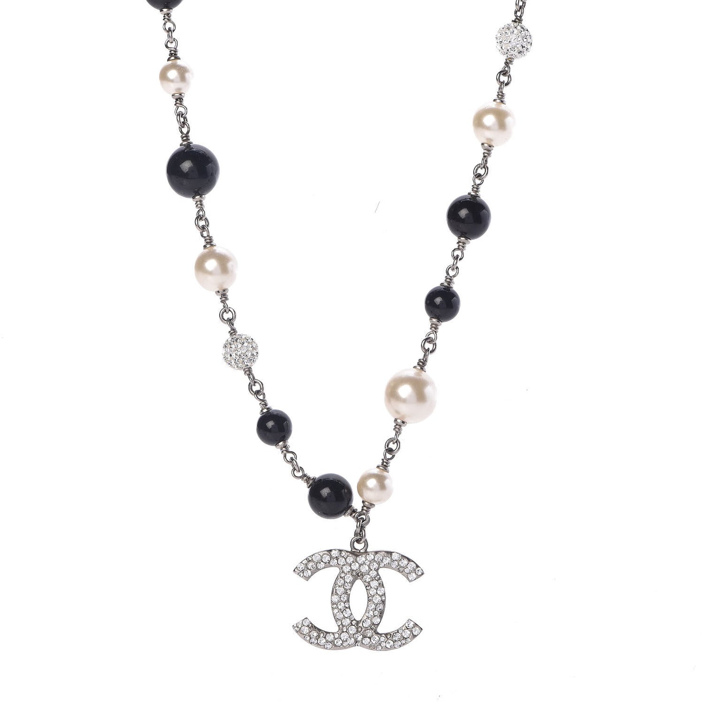 Pearl Crystal Bead CC Necklace Silver Black