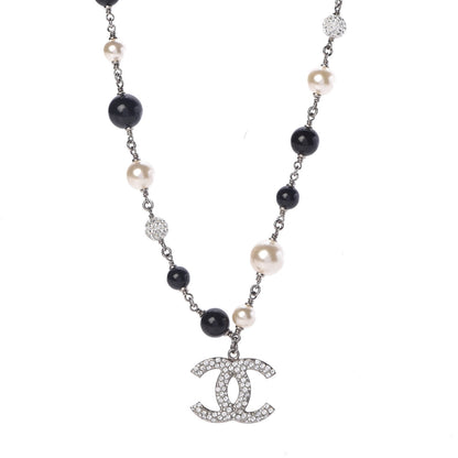 Chanel Pearl Crystal Bead CC Necklace Silver Black 1 of 4