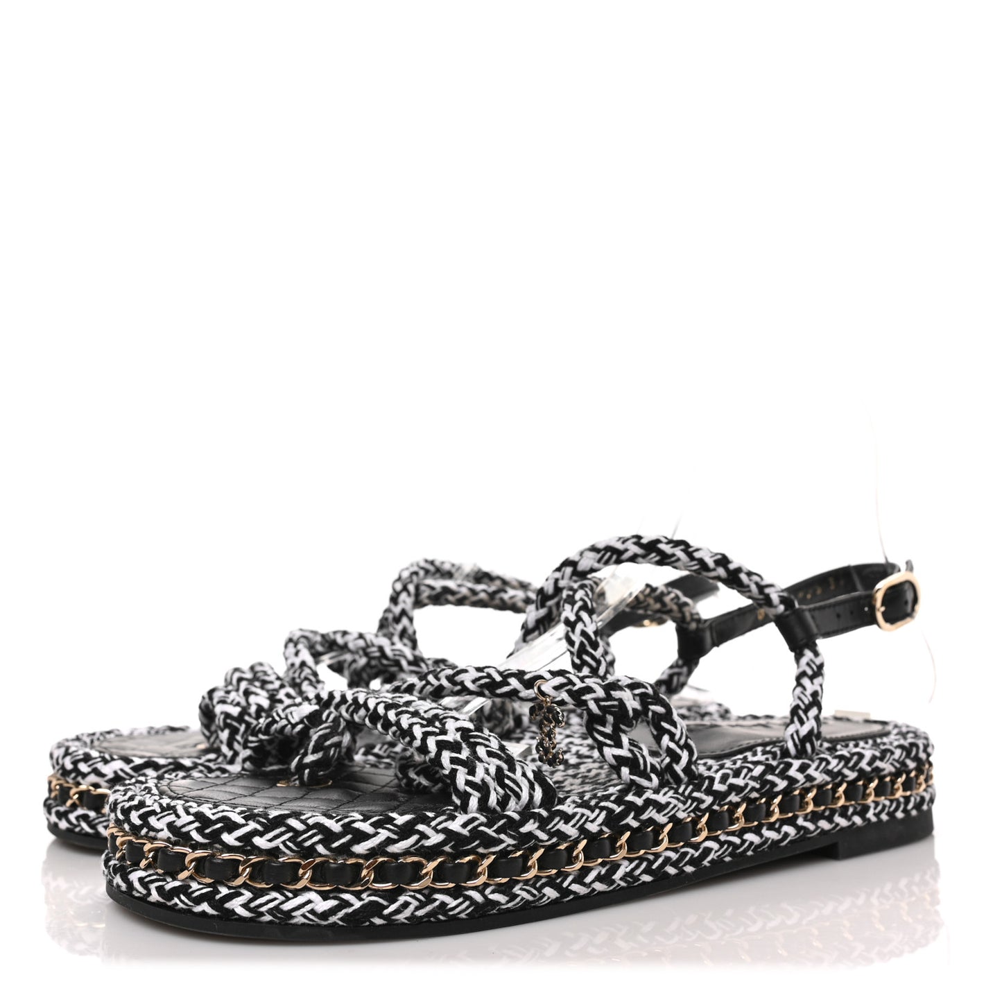 Cord Lambskin Quilted Logo Sandals 37 Black White