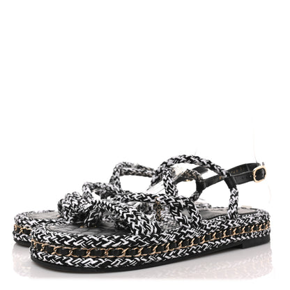 Chanel Cord Lambskin Quilted Logo Sandals 37 Black White 3 of 8