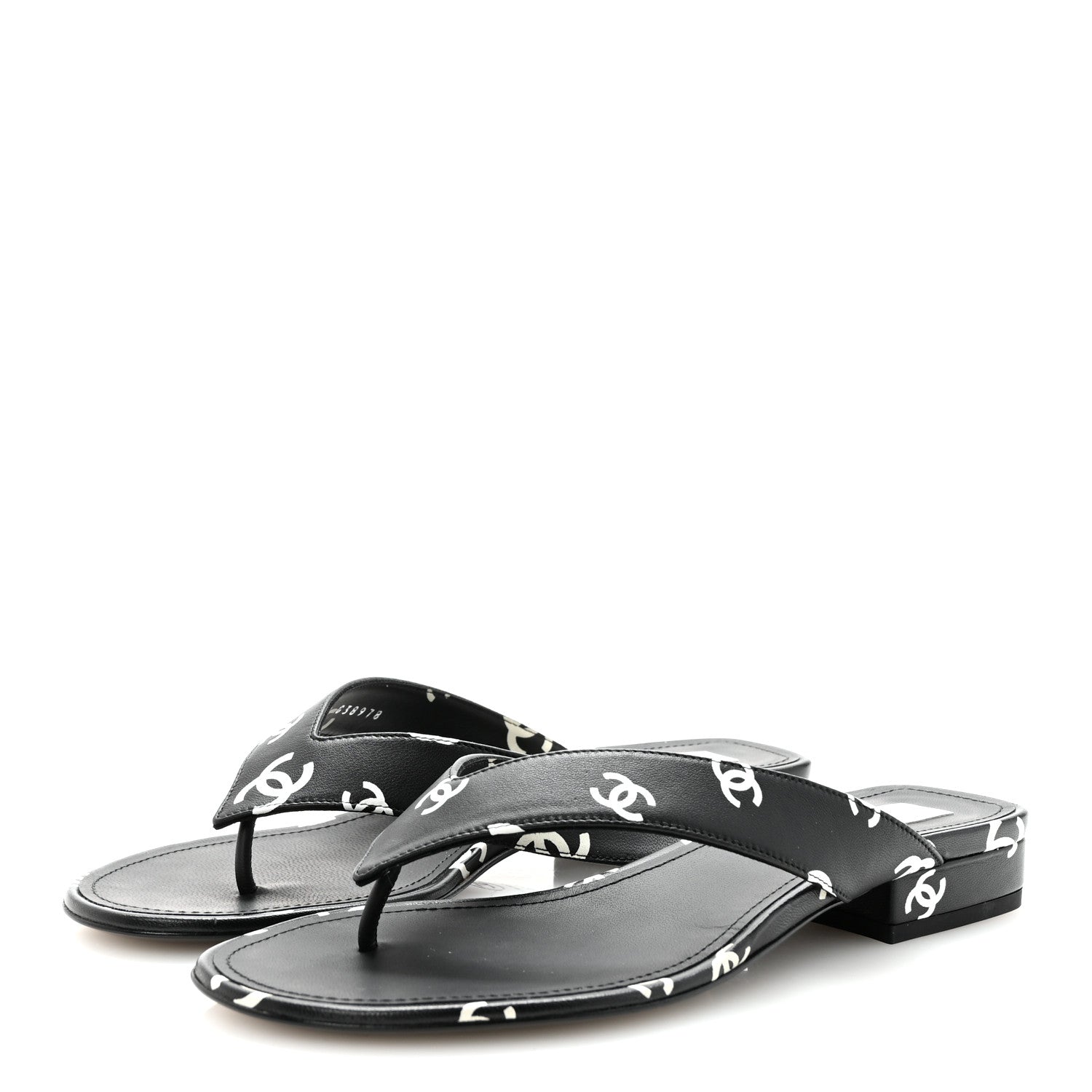 Chanel Lambskin Printed CC Thong Sandals 38.5 Black White 4 of 10