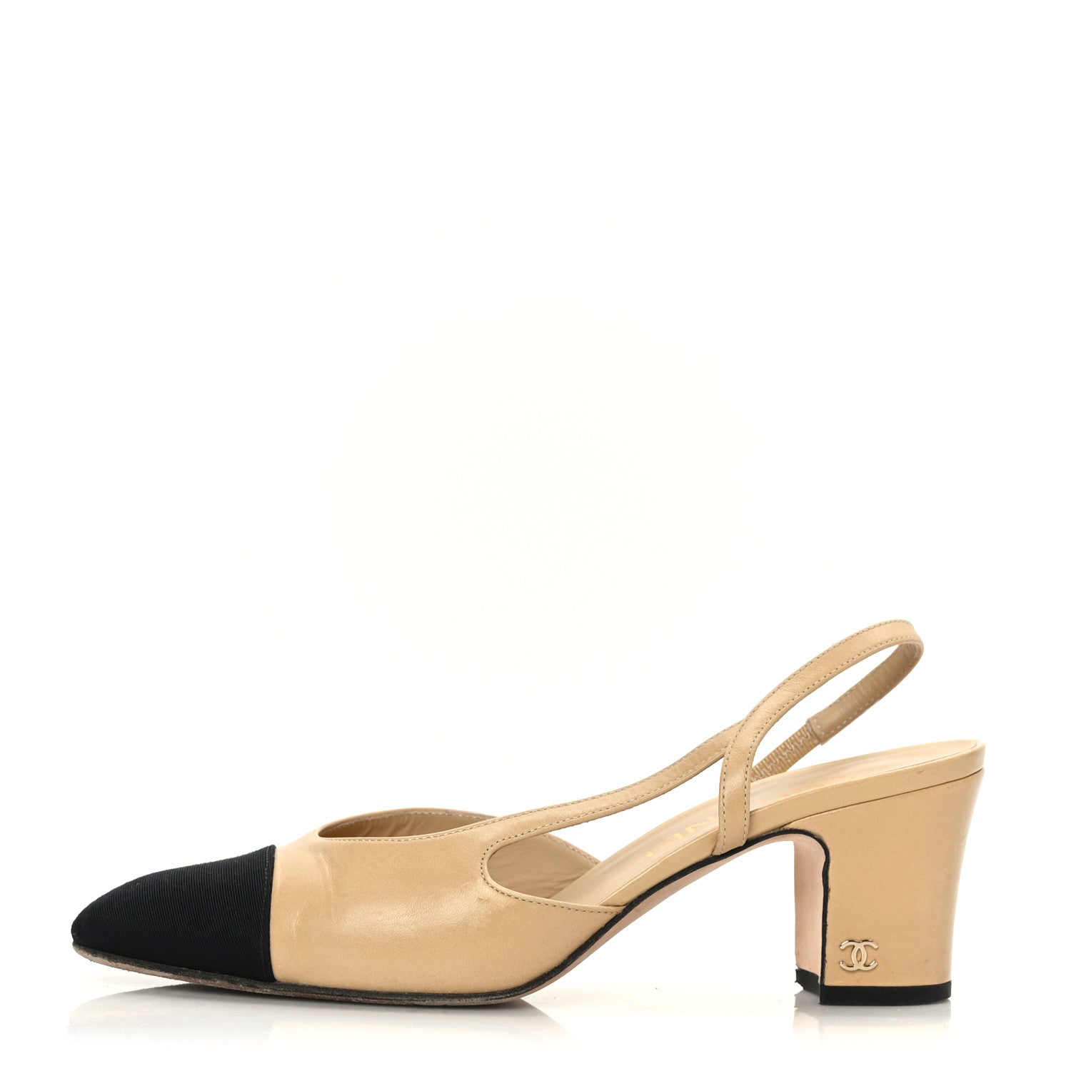 Chanel Goatskin Grosgrain Cap Toe CC Slingback Pumps 37 Beige Black 1 of 11