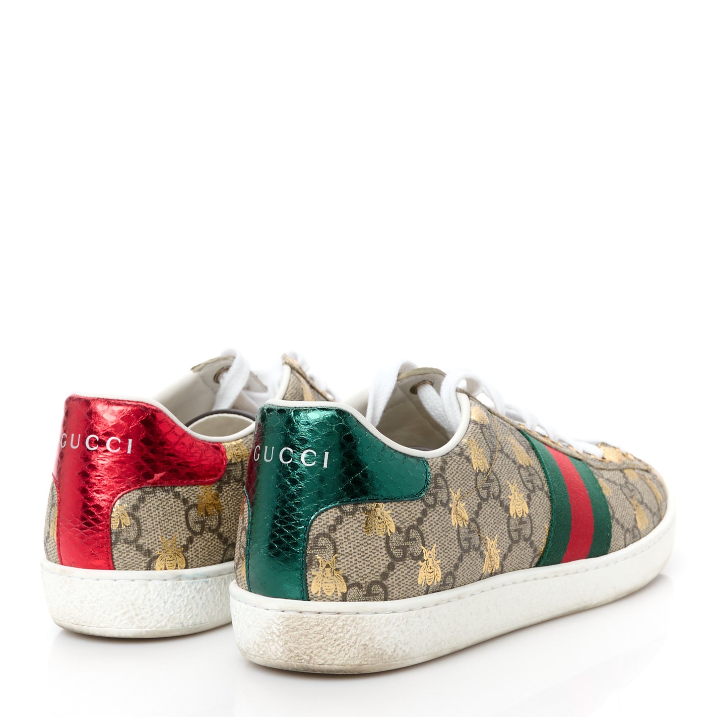 GG Supreme Monogram Bees Ayers Web Womens Ace Sneakers 37 Beige Oro Green Red