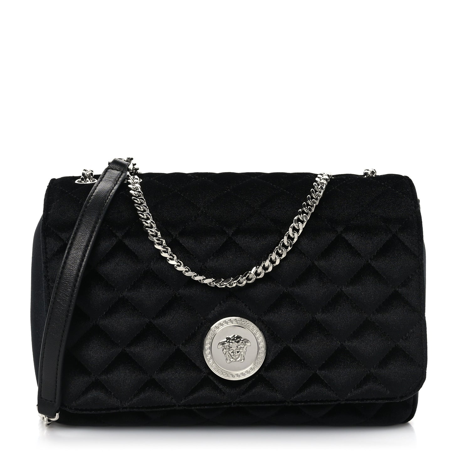 Calfskin Nylon Quilted Medusa Chain Crossbody Black