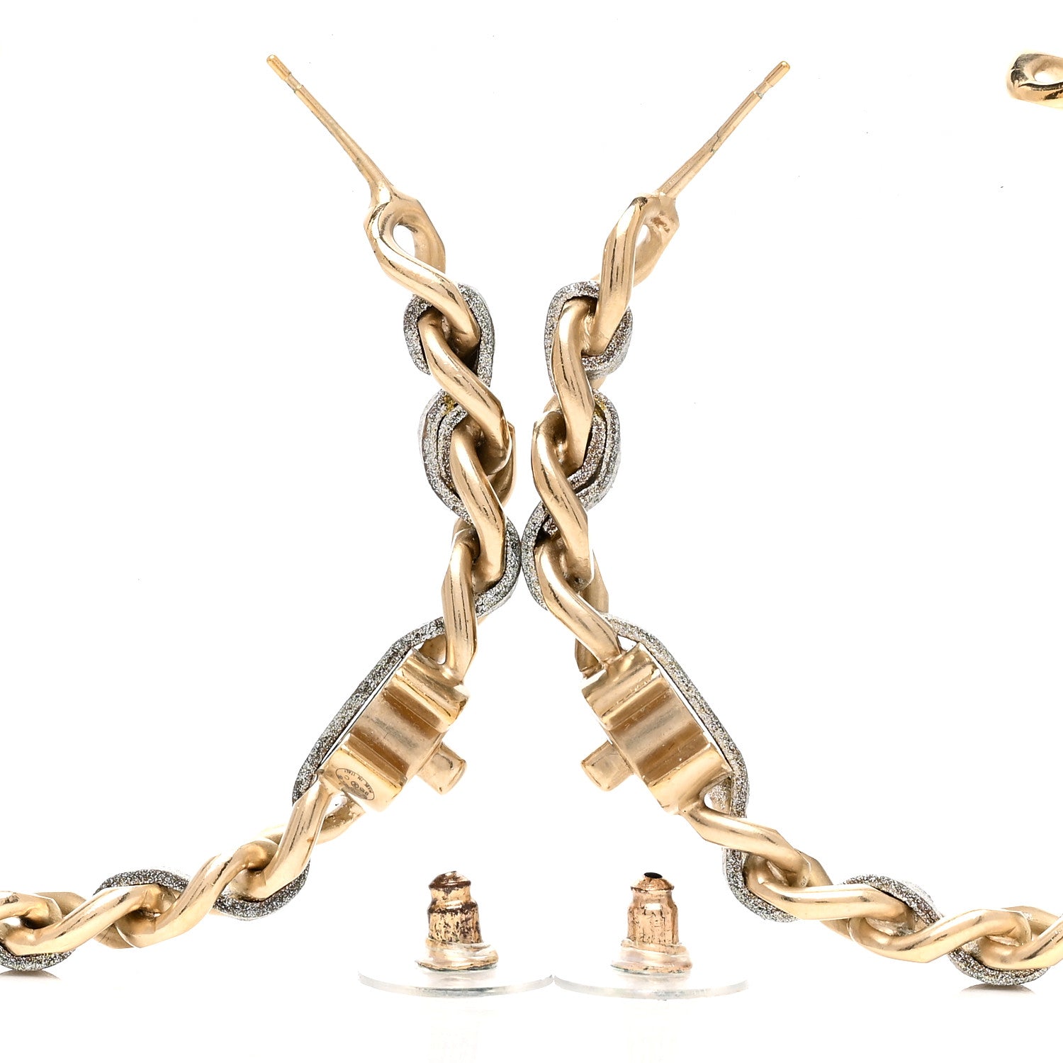 Chanel Lambskin CC Turnlock Chain Hoop Earrings Matte Gold Silver 3 of 3