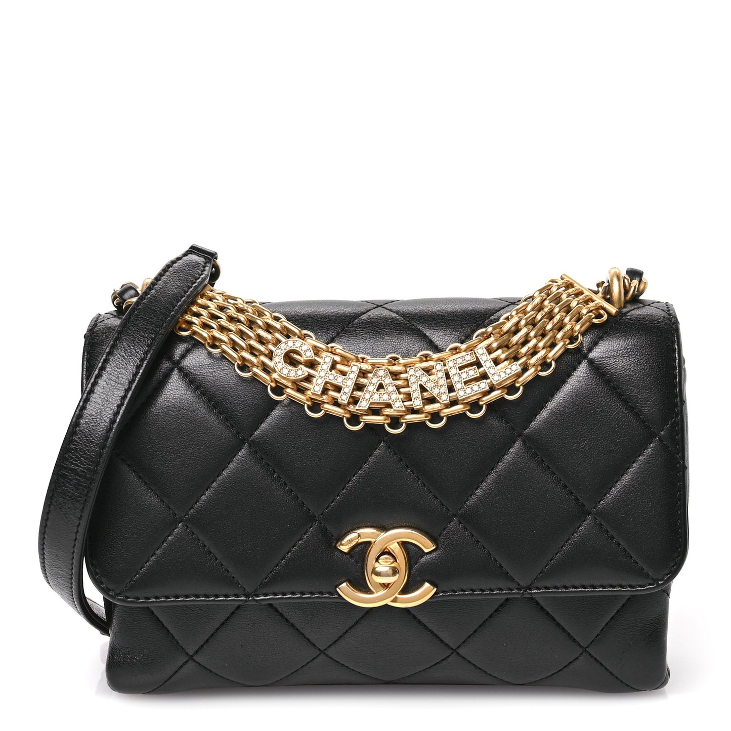 Lambskin Quilted Small CC Crystal Logo Chain Flap Black