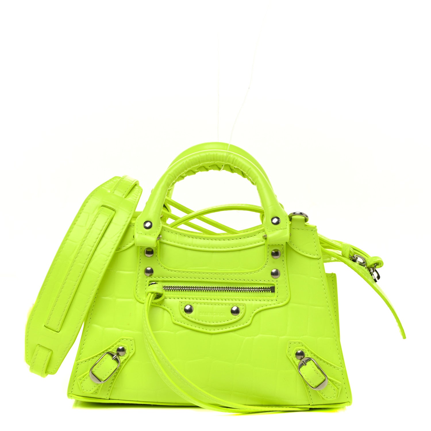 Balenciaga Semi Shiny Calfskin Crocodile Embossed Neo Classic Silver Hardware Mini City Fluo Yellow 1 of 18