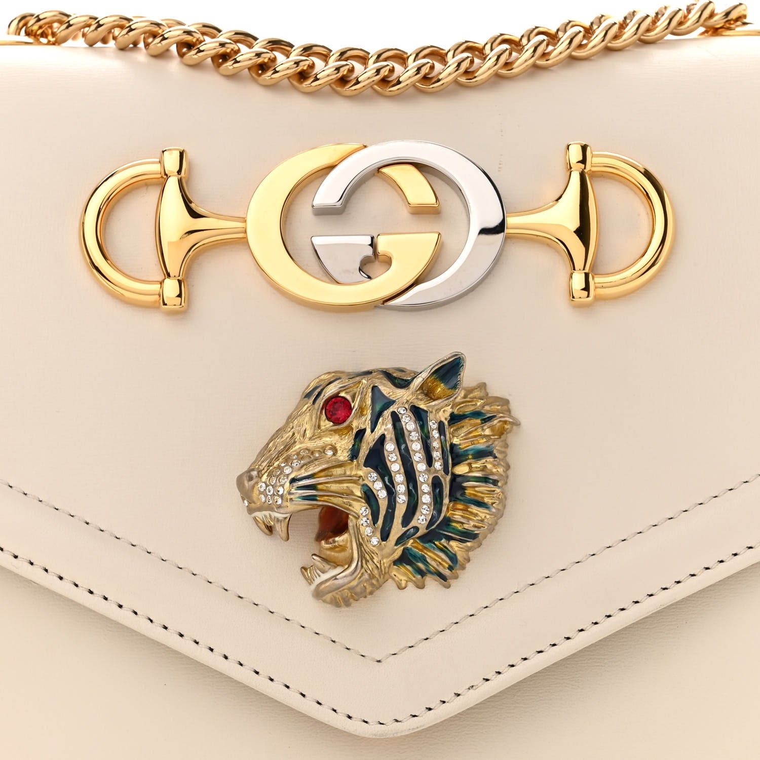 Gucci Vitello Palmellato Lux Crystal Medium Rajah Shoulder Bag Mystic White Multicolor 8 of 12