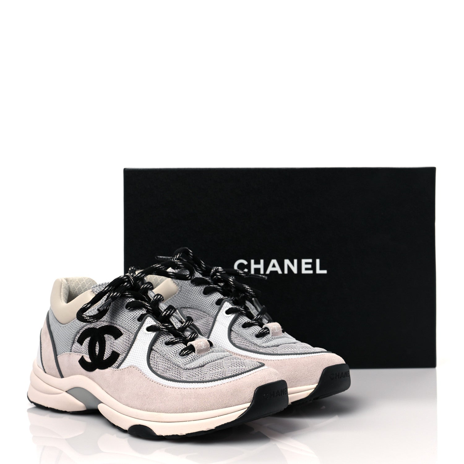Chanel Nylon Calfskin Suede Womens CC Sneakers 39 Grey White Pink 8 of 8