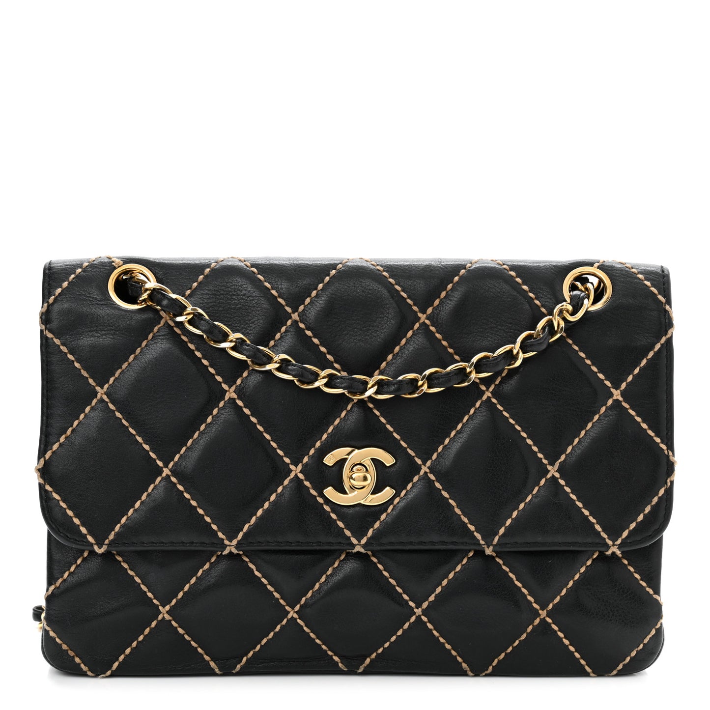 Calfskin Diamond Stitch Surpique Flap Black