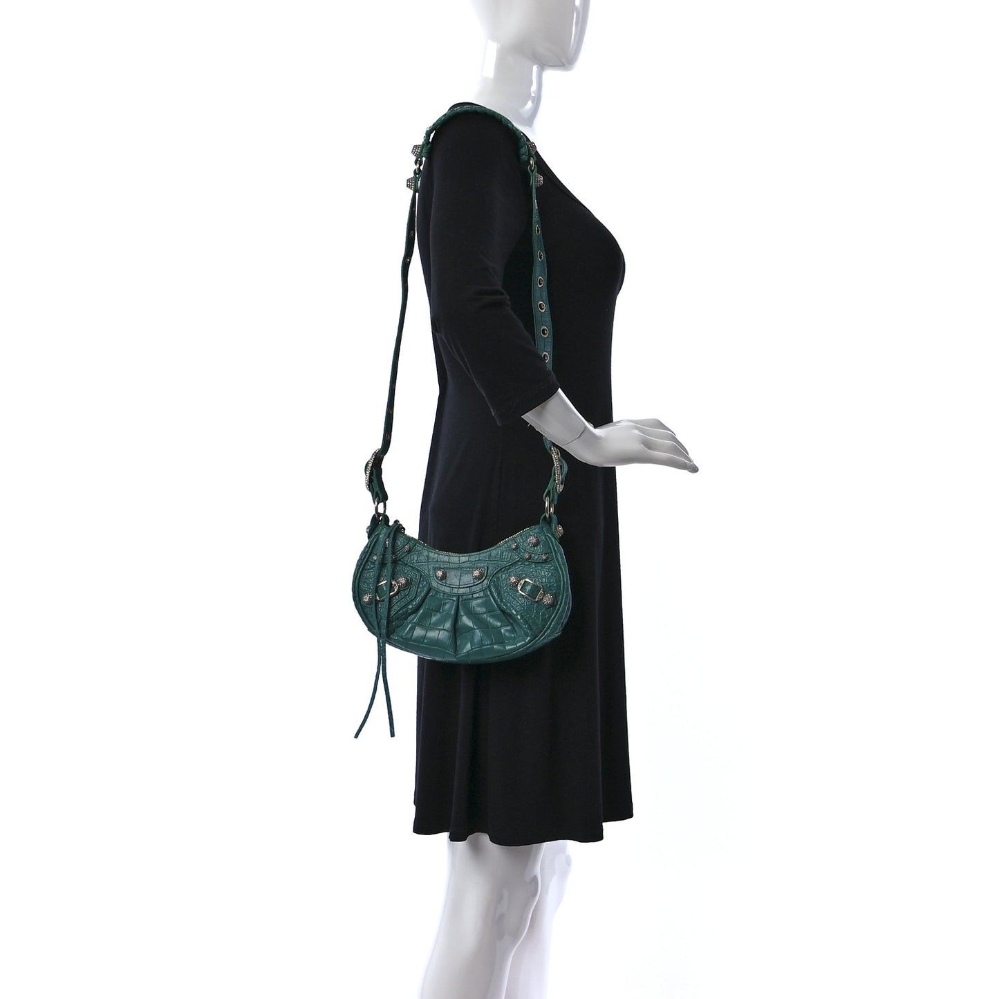 Extra Supple Calfskin Crystal Crocodile Embossed Le Cagole Shoulder Bag XS Jade