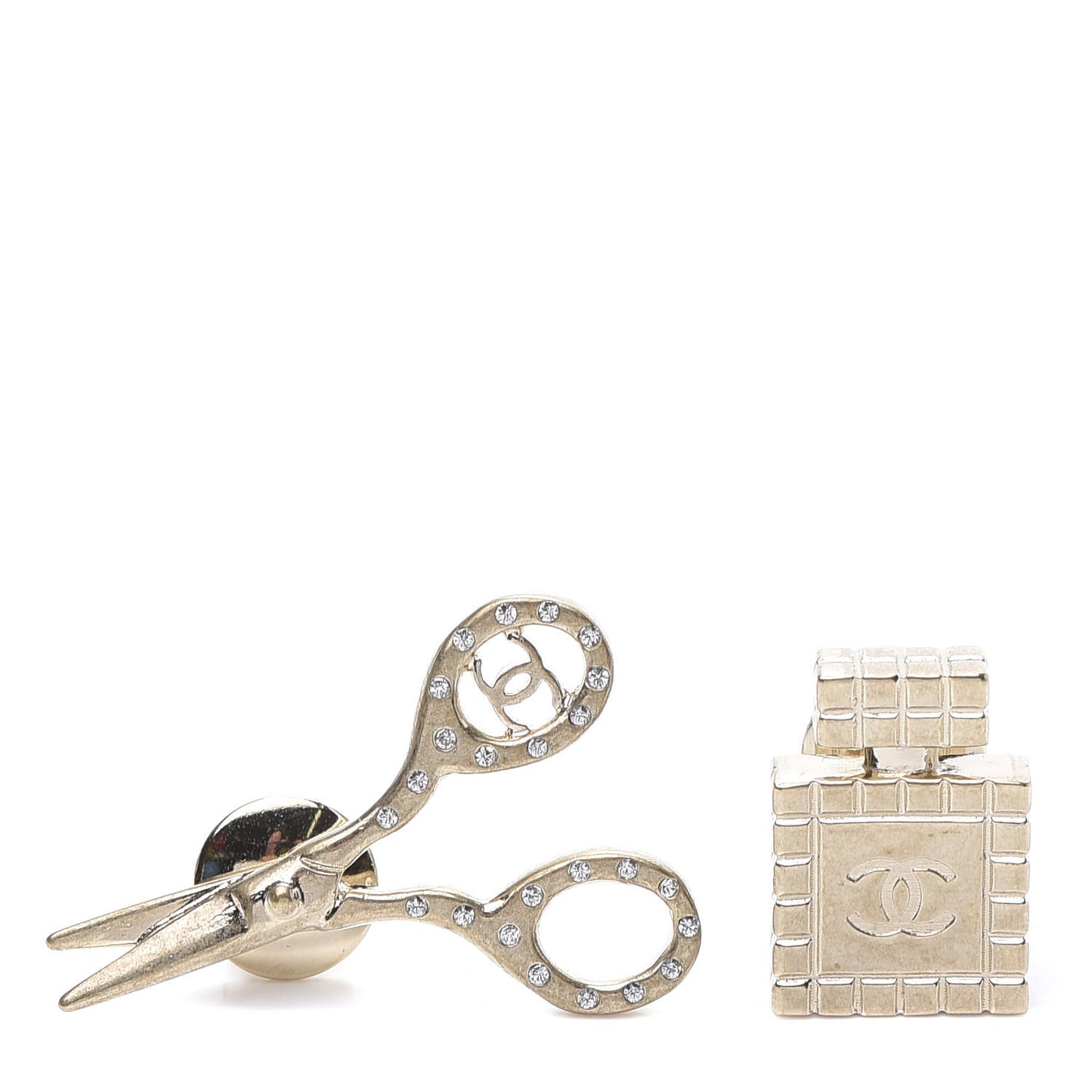 Metal Strass Crystal Quilted CC Scissors Perfume Brooch Set Gold